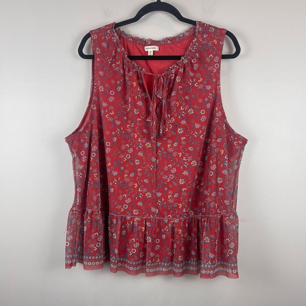 Max Studio Red Floral Sleeveless Peplum Blouse